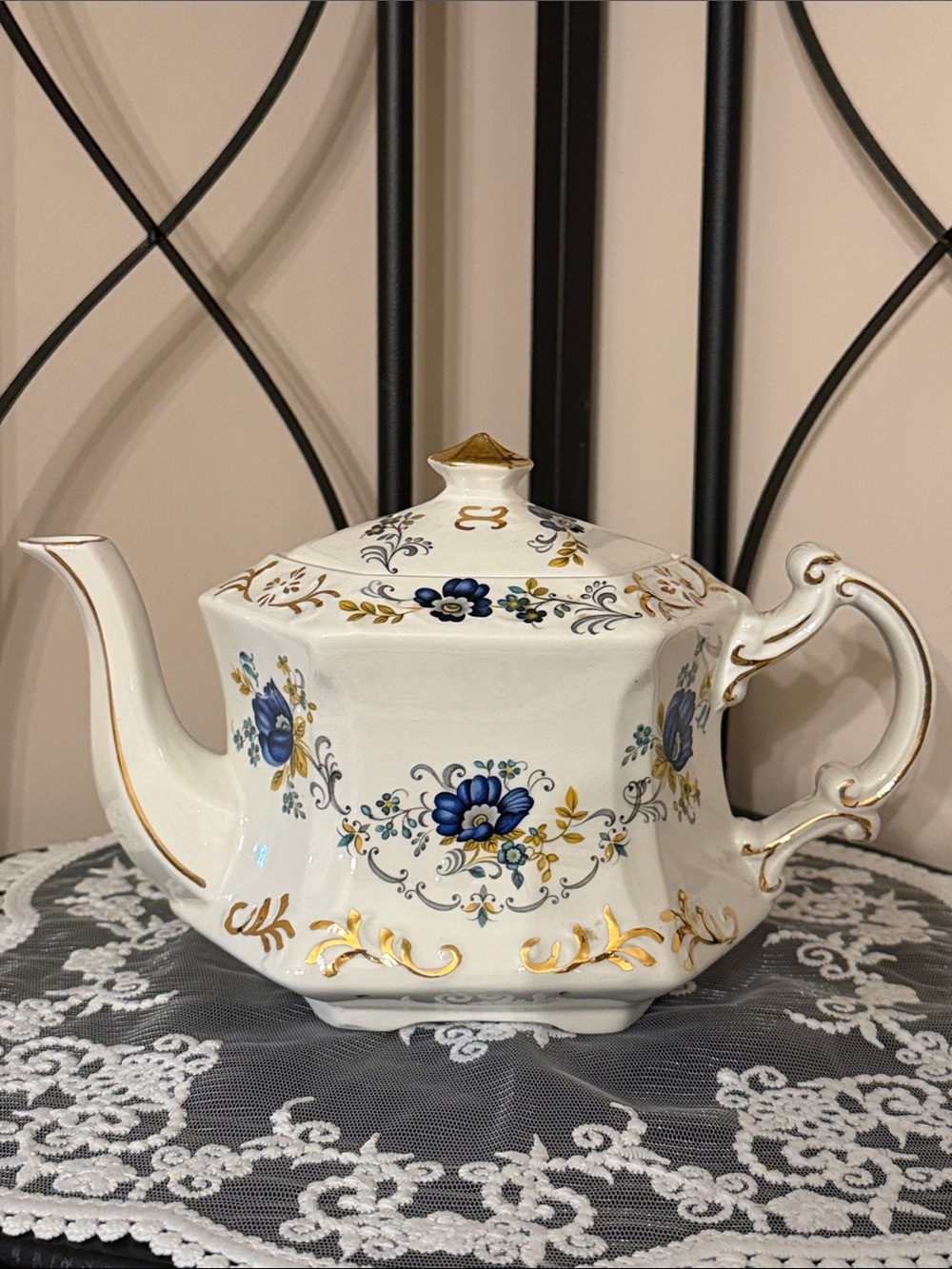 Ellgreave Ironstone Hexagonal Teapot England Wood & Sons Cobalt Blue Floral Gold